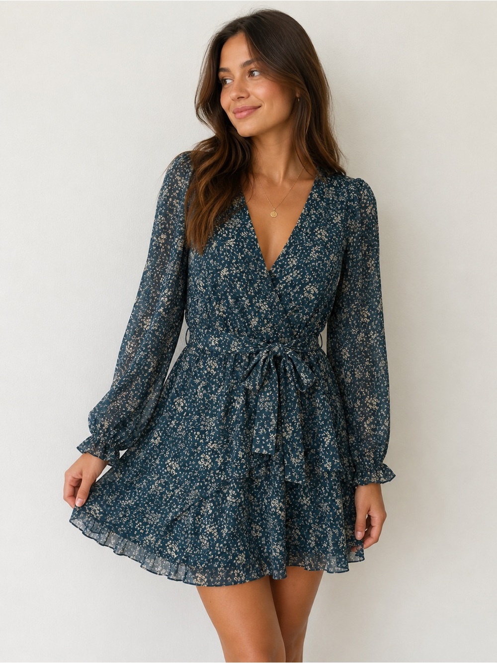 Romantic Teal Floral size M Mini Dress Cottagecore Date Night Dress